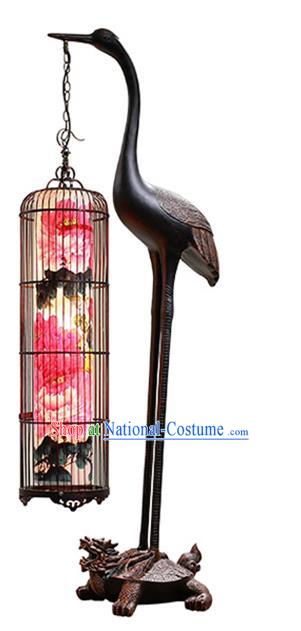 China Handmade Painting Peony Birdcage Lantern Traditional Home Decorations Iron Art Crane Floor Lamp