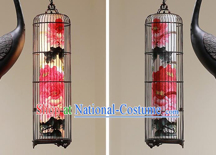 China Handmade Painting Peony Birdcage Lantern Traditional Home Decorations Iron Art Crane Floor Lamp