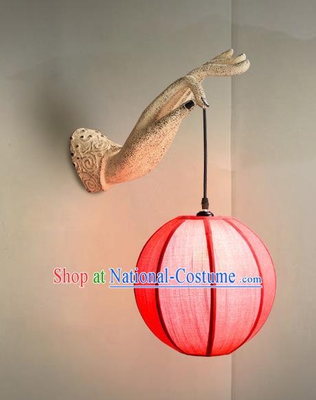 China Traditional Corridor Lantern Home Decorations Handmade Red Cloth Lanterns Stone Carving Buddha Hand Wall Lamp