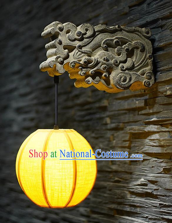 China Handmade Yellow Cloth Lanterns Stone Carving Dragon Head Wall Lamp Traditional Home Decorations Corridor Lantern