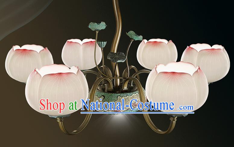 Chinese Traditional Ceiling Lamp Handmade Classical Lanterns Iron Art Six Lights Lotus Lantern