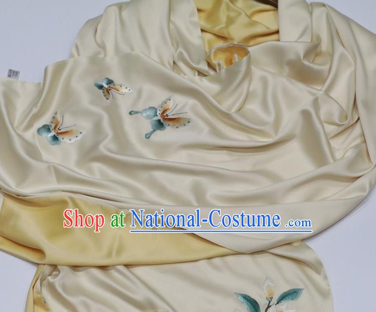 China Traditional Beige Silk Scarf Embroidered Tippet Embroidery Magnolia Craft Cappa