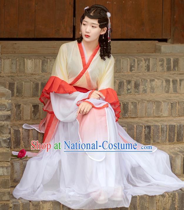 Chinese Jin Dynasty Young Lady Costumes Ancient Village Girl Hanfu Dress Apparels