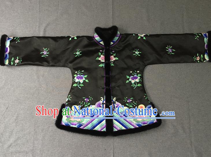 Chinese Tang Suit Black Silk Jacket Apparels Embroidered Upper Outer Garment Winter Costume