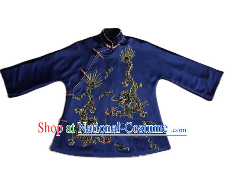 Chinese Court Embroidered Dragons Apparels Upper Outer Garment National Costume Tang Suit Navy Silk Jacket