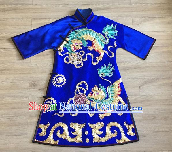 China Embroidered Lion Royalblue Silk Qipao Dress Women National Clothing Tang Suit Cheongsam