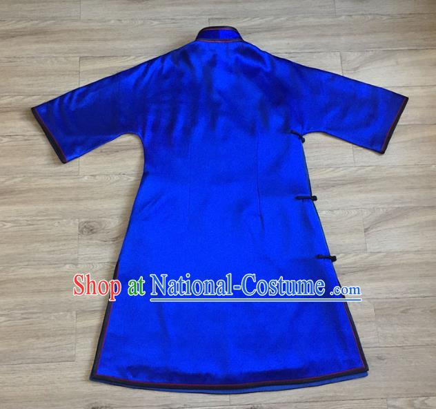 China Embroidered Lion Royalblue Silk Qipao Dress Women National Clothing Tang Suit Cheongsam