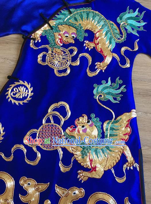 China Embroidered Lion Royalblue Silk Qipao Dress Women National Clothing Tang Suit Cheongsam