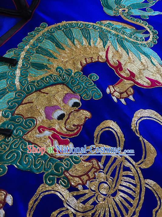 China Embroidered Lion Royalblue Silk Qipao Dress Women National Clothing Tang Suit Cheongsam