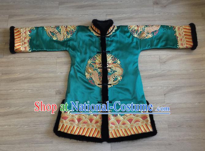 Chinese Embroidered Lion Blue Brocade Jacket Apparels Upper Outer Garment National Tang Suit Winter Costume