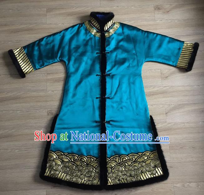 Chinese Blue Silk Jacket Apparels Upper Outer Garment National Tang Suit Winter Cotton Padded Costume