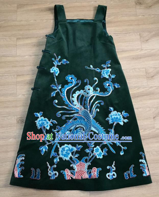 China Embroidered Phoenix Deep Green Silk Qipao Dress Women National Clothing Tang Suit Vest Suspenders Cheongsam