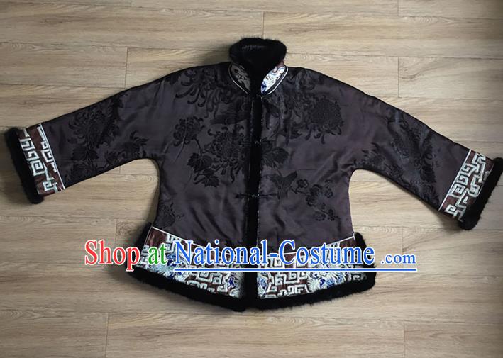 Chinese Embroidered Black Silk Jacket Apparels National Winter Cotton Padded Costume Tang Suit Upper Outer Garment