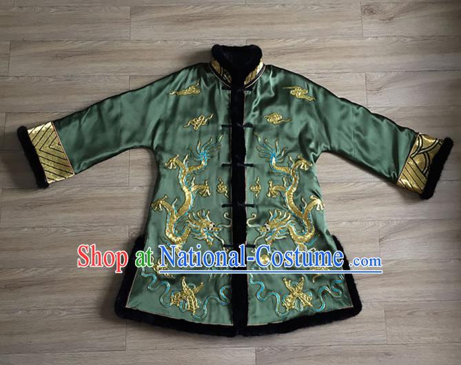 Chinese Embroidered Dragon Green Silk Jacket Tang Suit Upper Outer Garment Apparels National Winter Cotton Padded Costume