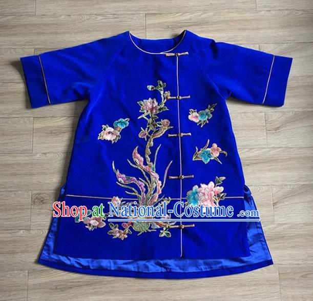 Chinese Embroidered Phoenix Peony Royalblue Silk Jacket Tang Suit Upper Outer Garment Apparels National Costume