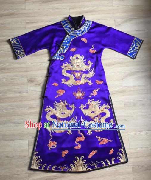 China Embroidered Dragons Royalblue Silk Qipao Dress Women National Clothing Tang Suit Cheongsam Clothing