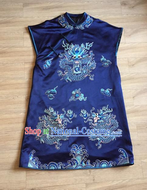 China Embroidered Dragon Navy Silk Vest Women National Clothing Cheongsam Waistcoat