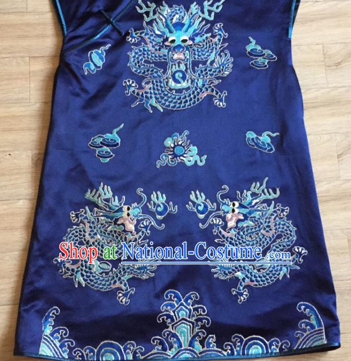 China Embroidered Dragon Navy Silk Vest Women National Clothing Cheongsam Waistcoat