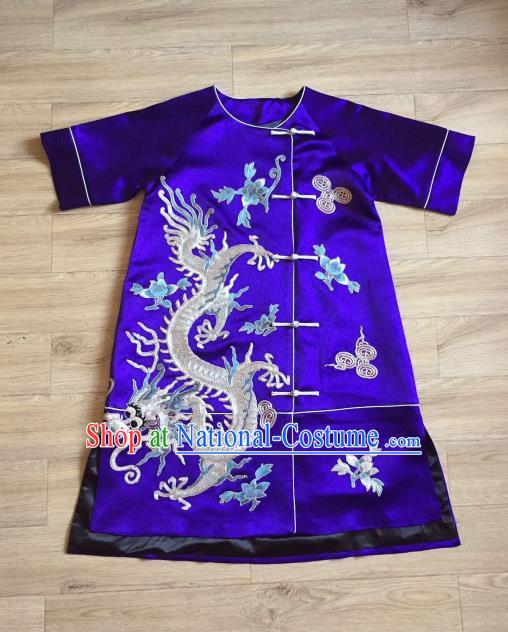 China Women National Clothing Tang Suit Cheongsam Clothing Embroidered Dragons Royalblue Silk Qipao Dress