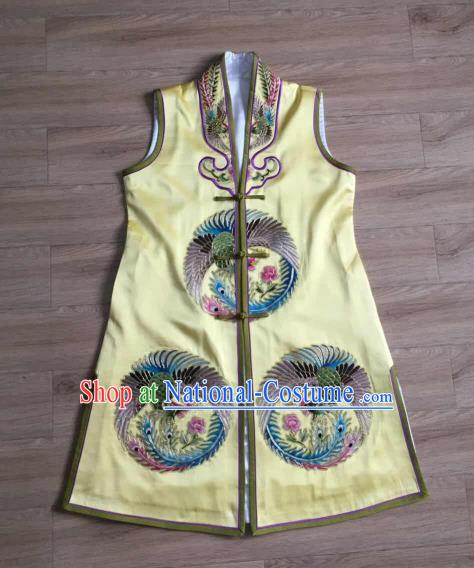 China Embroidery Phoenix Yellow Silk Vest National Clothing Women Waistcoat Beijing Opera Costumes