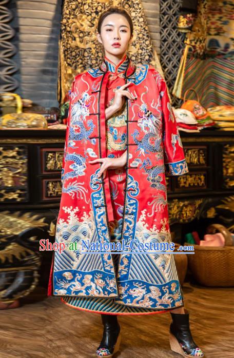 Chinese Embroidered Red Brocade Dust Coat Tang Suit Outer Garment National Costume Apparels