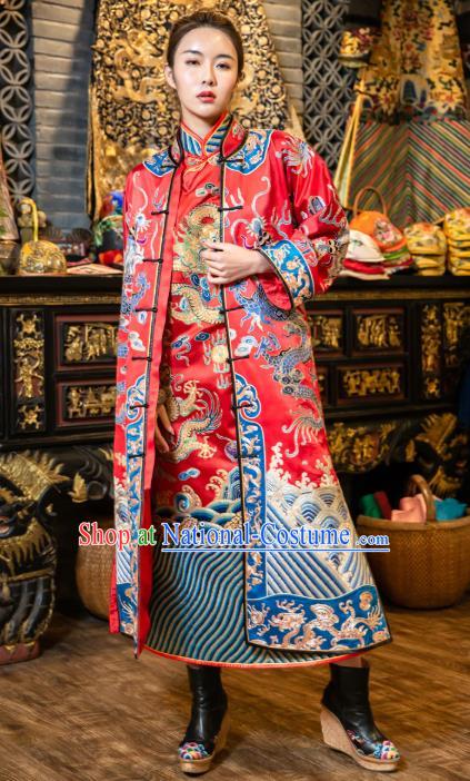 Chinese Embroidered Red Brocade Dust Coat Tang Suit Outer Garment National Costume Apparels