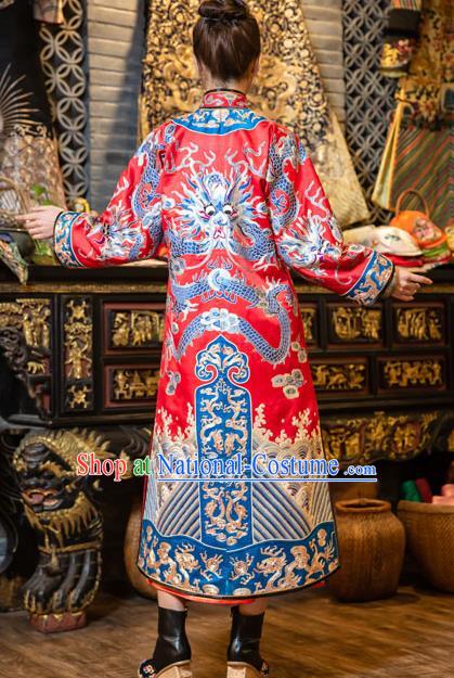 Chinese Embroidered Red Brocade Dust Coat Tang Suit Outer Garment National Costume Apparels