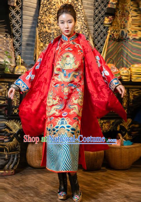 Chinese Embroidered Red Brocade Dust Coat Tang Suit Outer Garment National Costume Apparels