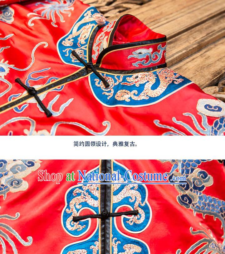 Chinese Embroidered Red Brocade Dust Coat Tang Suit Outer Garment National Costume Apparels