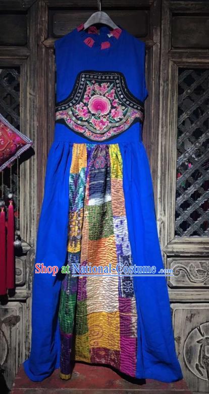 China Embroidered Blue Flax Qipao Costume Tang Suit Sleeveless Dress Yunnan Women Clothing