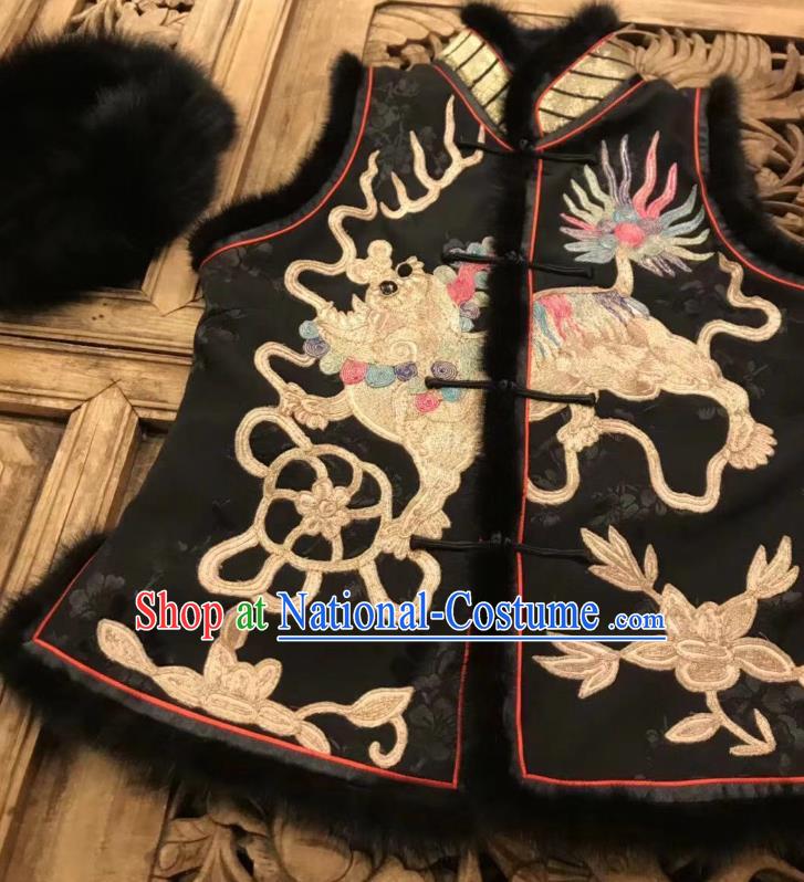 China Women Black Silk Waistcoat National Clothing Tang Suit Costume Embroidery Lion Vest