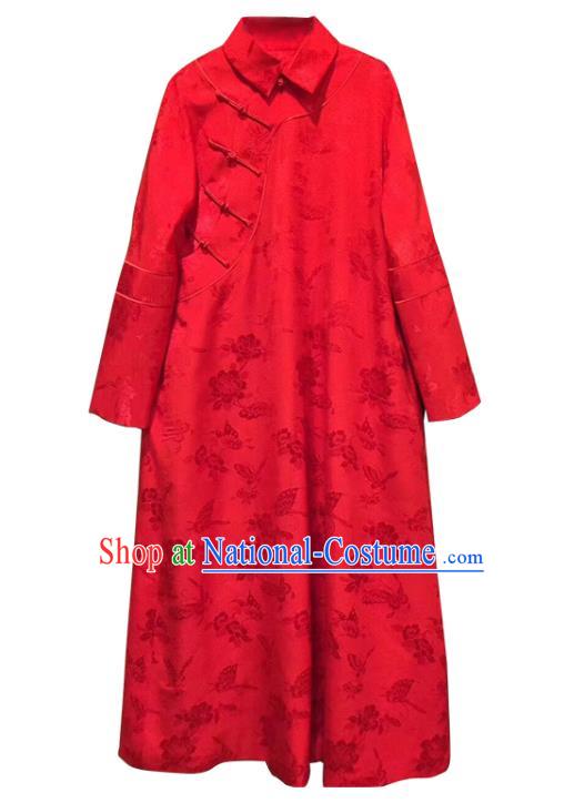 China Classical Rose Pattern Cheongsam Red Silk Qipao Dress Costume Tang Suit Women Clothing