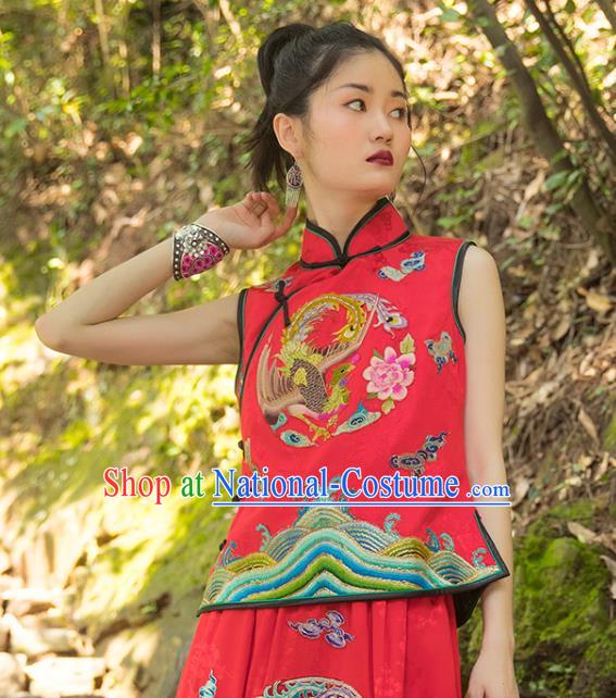 China Embroidery Phoenix Vest National Clothing Tang Suit Costumes Women Red Brocade Waistcoat