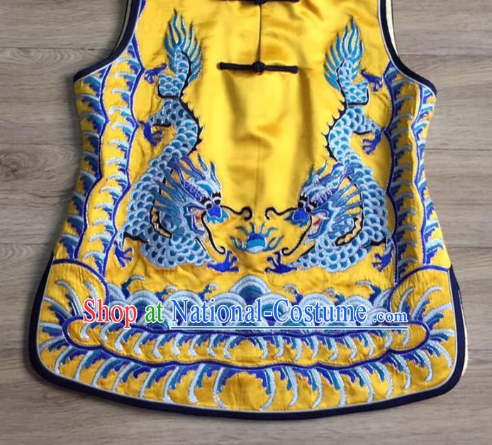 China Women Yellow Silk Waistcoat Costumes National Clothing Embroidery Dragon Vest