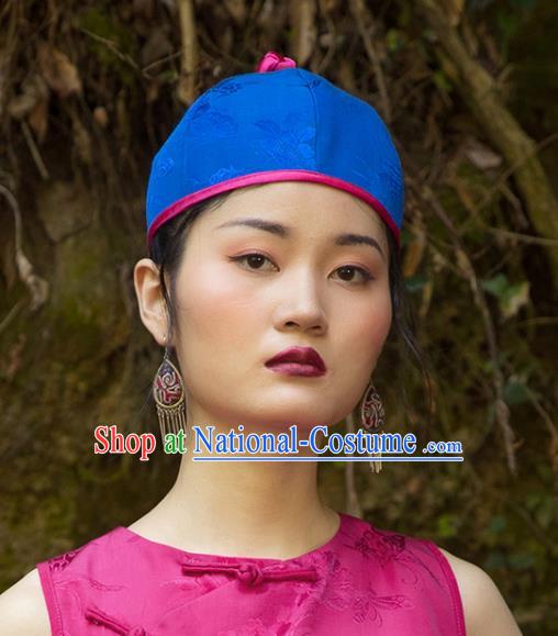 China National Ethnic Blue Brocade Hat Women Ancient Landlord Blue Headwear