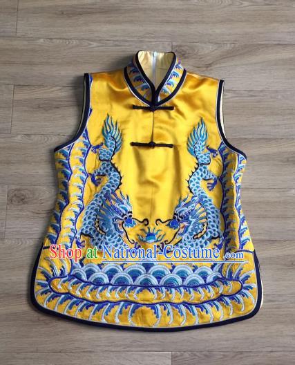 China Women Yellow Silk Waistcoat Costumes National Clothing Embroidery Dragon Vest