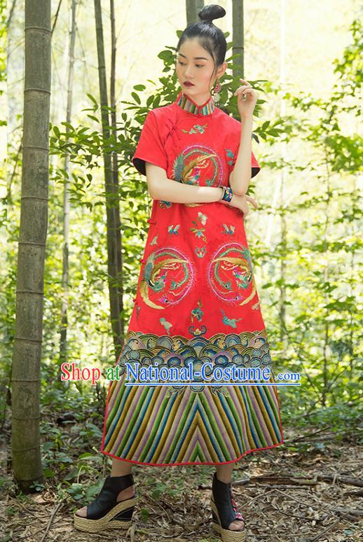 China Tang Suit Women Clothing Classical Phoenix Pattern Cheongsam Red Silk Qipao Dress Costume