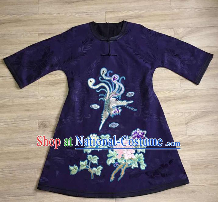 Chinese Embroidered Phoenix Peony Blue Silk Jacket Tang Suit Upper Outer Garment Coat Apparels National Costume