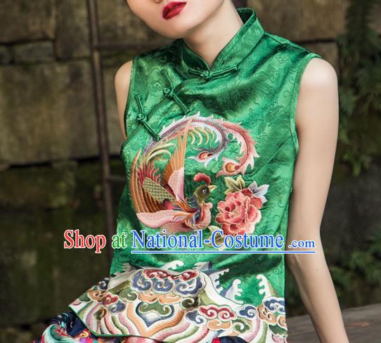 China Tang Suit Embroidery Phoenix Peony Blouse National Clothing Green Brocade Shirt for Women