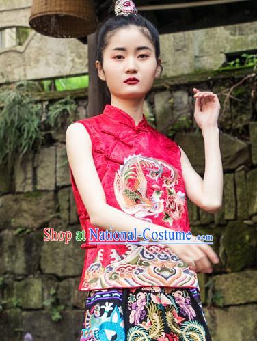 China National Clothing Rosy Brocade Shirt Tang Suit Embroidery Phoenix Peony Blouse for Women