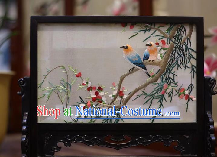 China Hand Embroidery Plum Birds Craft Embroidered Table Screen Wood Byobu Screen