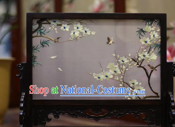 China Wood Desk Screen Hand Embroidery Pear Flowers Craft Embroidered Table Screen