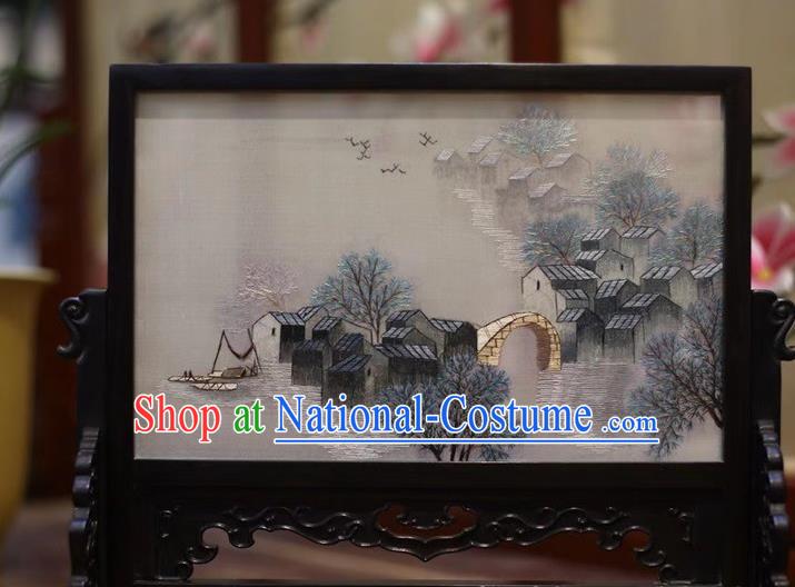 China Country Scenery Desk Screen Embroidered Table Screen Hand Suzhou Embroidery Craft Traditional Wood Carving Screen