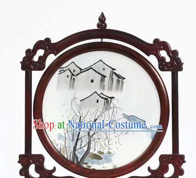 China Handmade Wood Carving Suzhou Embroidery Desk Screen Embroidered Craft Traditional Village Scene Painting Table Screen