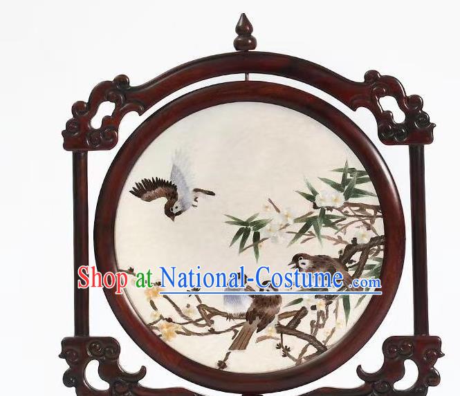 China Suzhou Embroidery Wood Carving Desk Screen Embroidered Craft Bamboo Plum Painting Table Screen