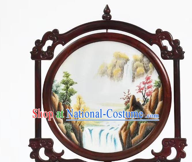 China Landscape Painting Table Screen Suzhou Embroidery Wood Carving Desk Screen Embroidered Craft