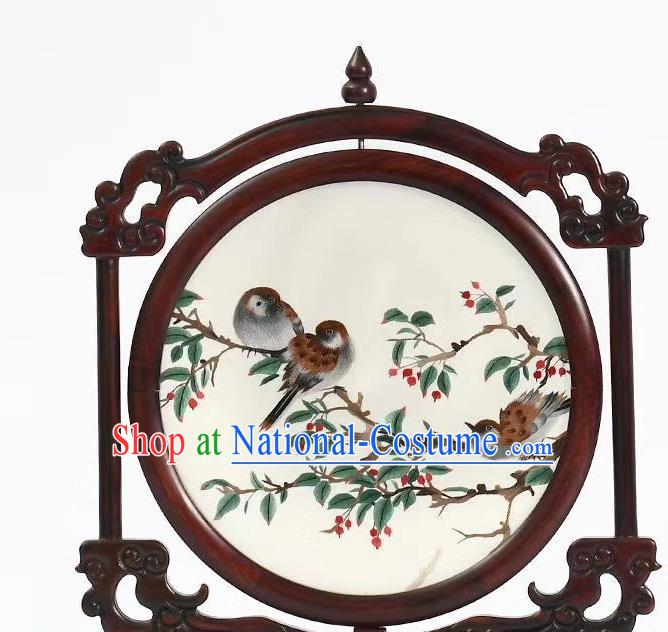 China Handmade Suzhou Embroidery Birds Painting Desk Screen Rosewood Table Decoration