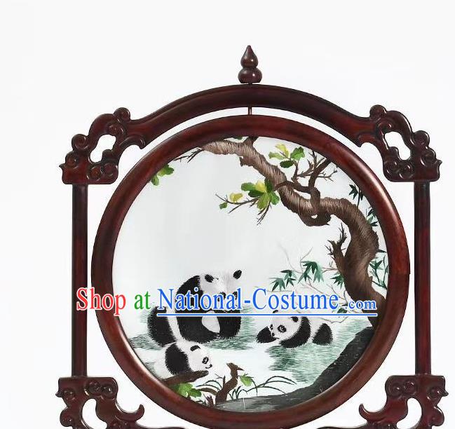 China Rosewood Table Decoration Suzhou Embroidery Panda Painting Desk Screen Handmade Artware