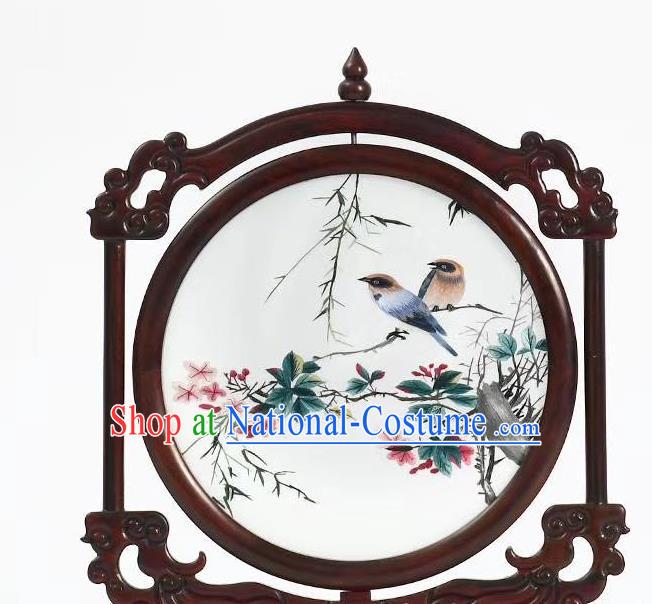 China Rosewood Artware Handmade Suzhou Embroidered Painting Craft Embroidery Table Decoration Flowers Birds Desk Screen