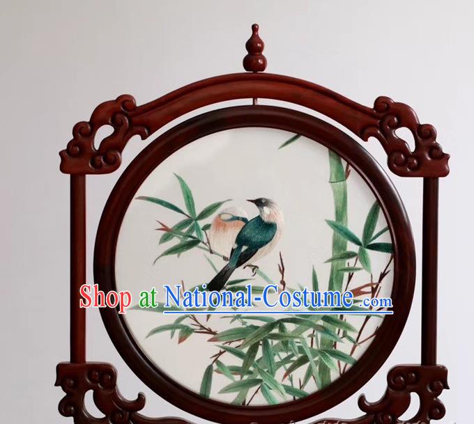 China Embroidery Table Decoration Handmade Suzhou Embroidered Painting Craft Bamboo Birds Desk Screen